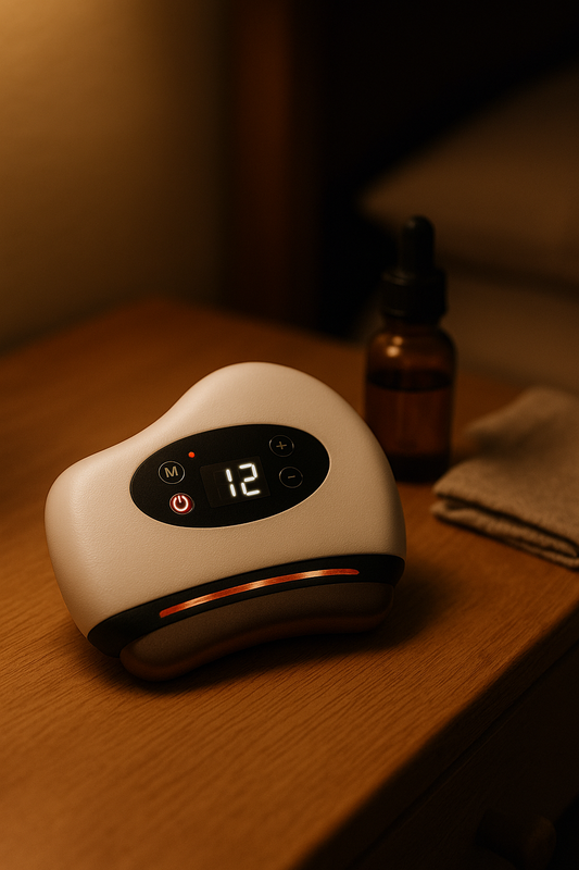 The white heated gua sha on a wooden bedside table under a warm lamp, beside a small amber dropper bottle and a folded cloth.