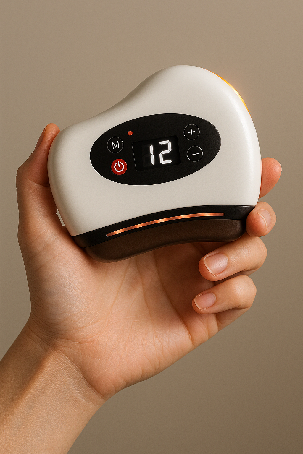 A hand holding the white heated gua sha, fingers curled around the body, showing how it is gripped.
