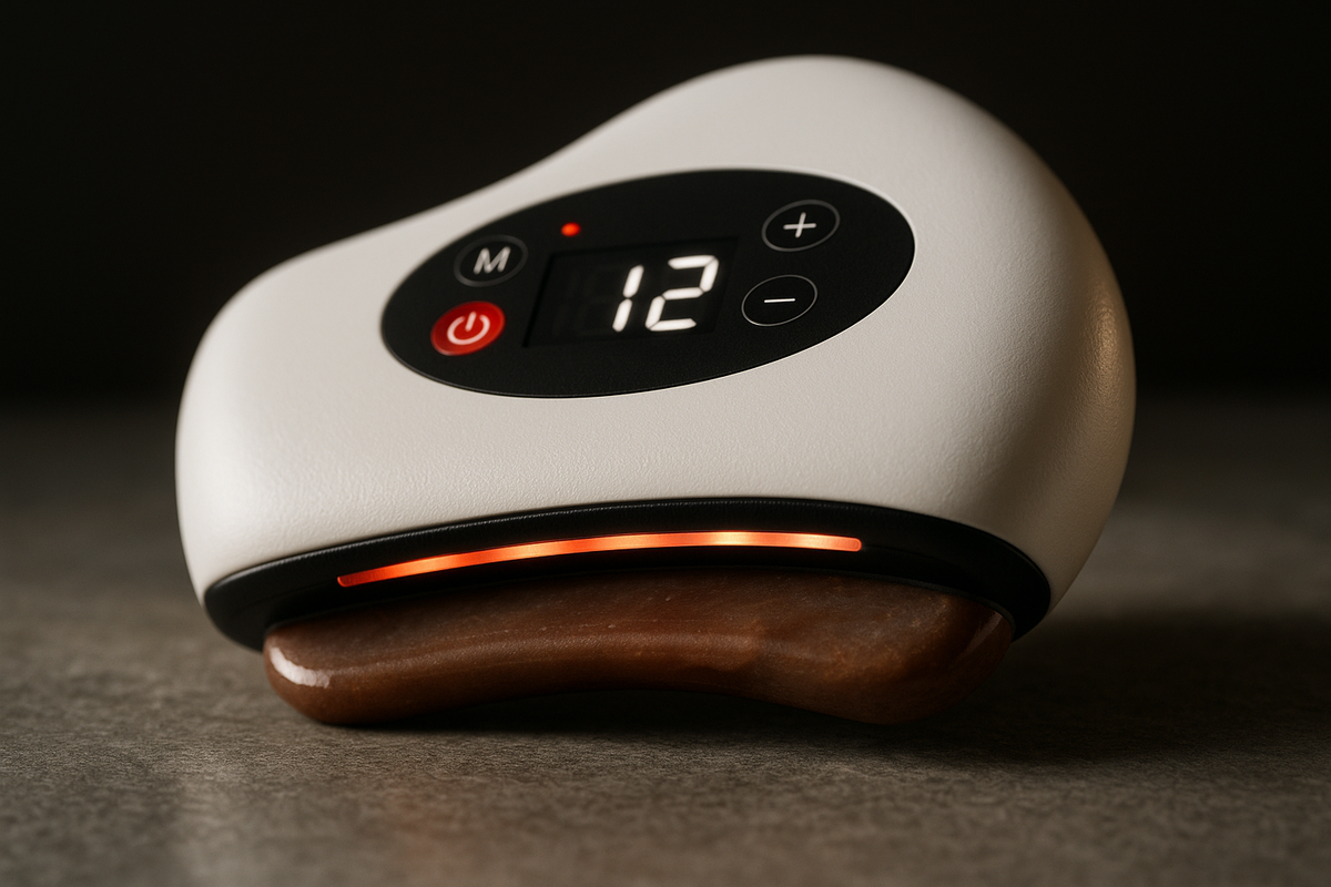 Close side view of the white heated gua sha, showing the smooth brown stone edge along its base.